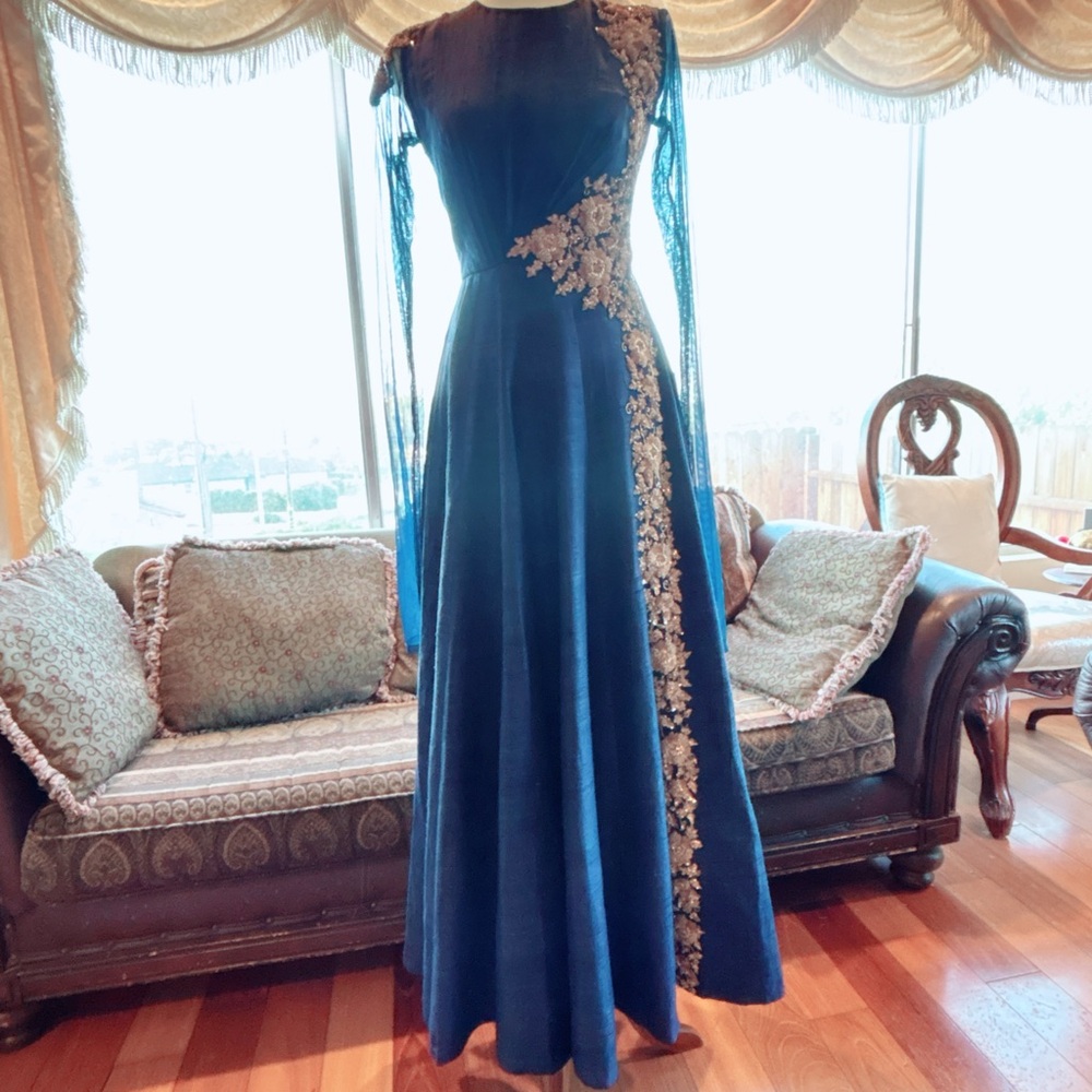 Elegant Blue Indo Western Anarkali with churidar in Raw silk material
